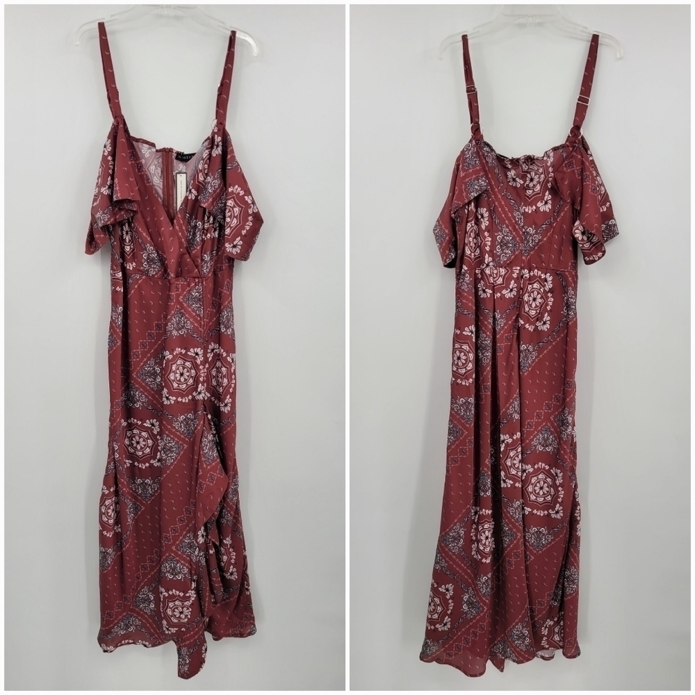 SONCY Plus Size Burgundy Flutter Sleeve Dress with Ruffle Front Slit